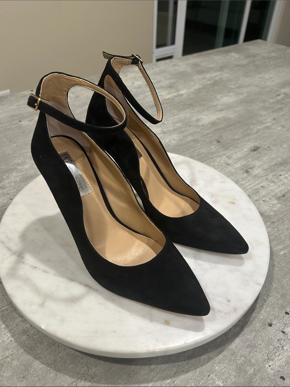 INC International Concepts Black Suede Ankle-Strap Pointed Pumps Size 9M